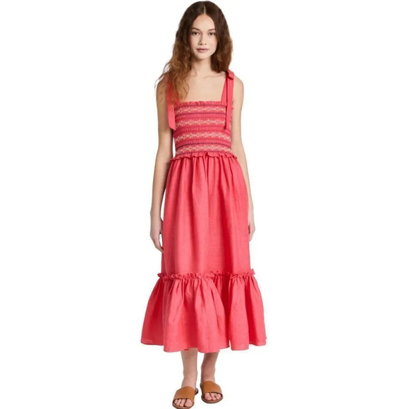 Cara Cara NEW NWT Jenny Tie Shoulder Linen Midi Dress Hibiscus Size Medium - Picture 9 of 9